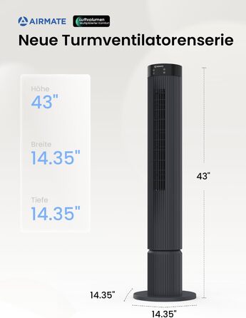 Турбовентилятор AIRMATE: 12 швидкостей, пульт ДУ, 10 м/с, 110 см, 3 режими, таймер 12 год, LED дисплей, 40W, сірий