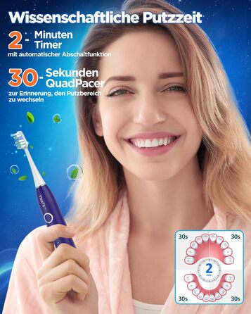 Електрична зубна щітка зі звуковими вібраціями, 8 насадок (3 типи), таймер, 120 днів роботи від акумулятора, 5 режимів чищення, чохол для подорожей, док-станція, фіолетовий колір