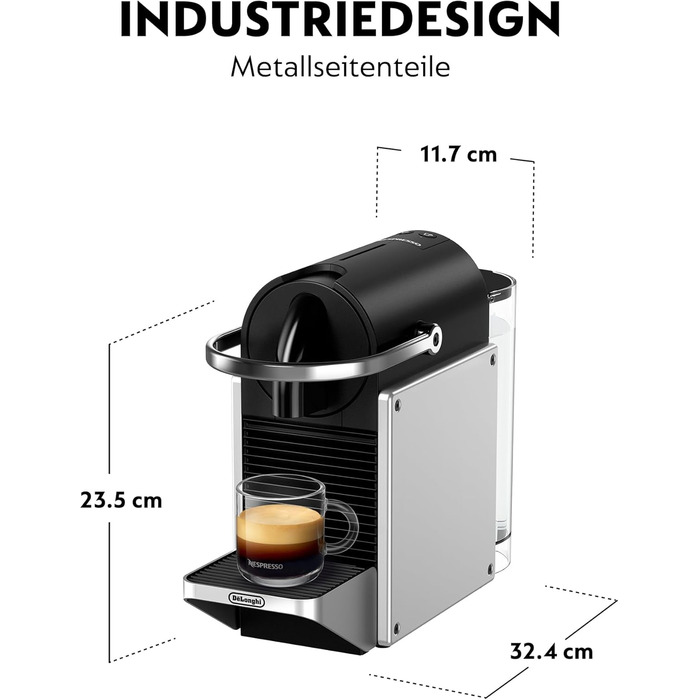 Кавова машина-капсульна Nespresso De'Longhi Pixie EN127.S, 19 бар, 1260 Вт, сріблясто-чорна, компактний дизайн, ECO-режим, дві програмовані кнопки