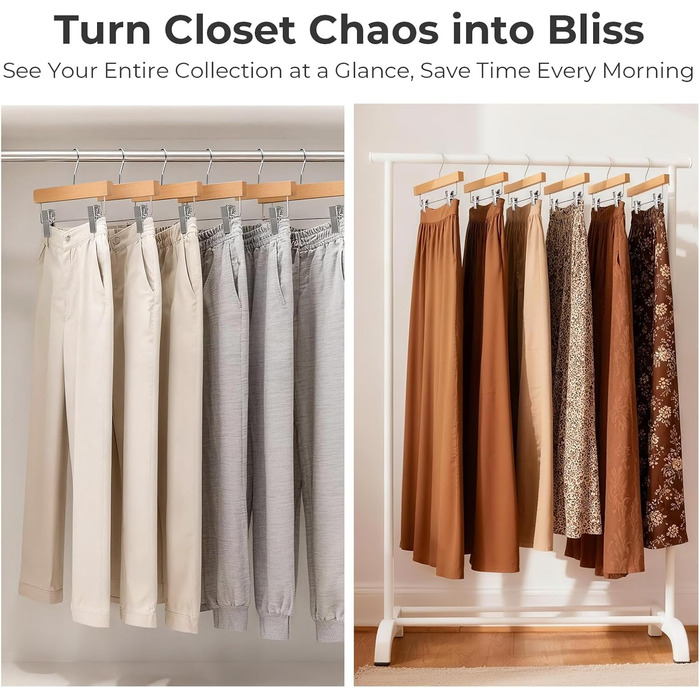 Дерев'яні вішалки для штанів та одягу HOUSE DAY з кліпсами, 25 шт. Вішалки для спідниць, дерев'яні білі вішалки для одягу, компактні вішалки для штанів з обертовим гачком 360°, ширина 35,5 см (натуральне дерево)