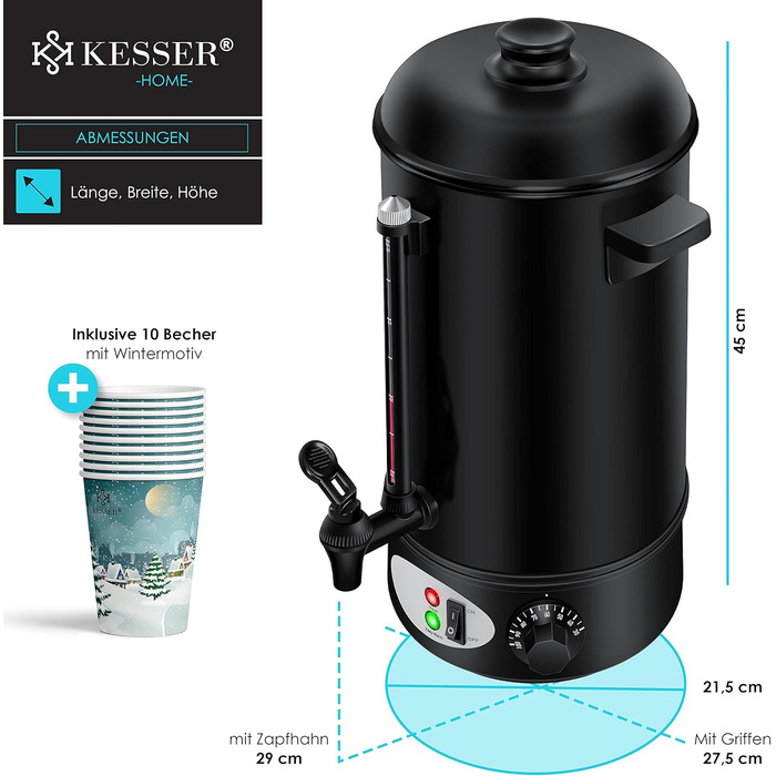 KESSER® Mulled Wine Boiler 8L Stainless Steel Incl. 10 Cups Mulled Wine Cooker with Thermostat Mulled Wine Dispenser Hot Beverage Dispenser Water Boiler Hot Water Dispenser Canning Device Level Indicator Tap Black
