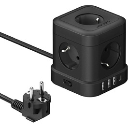Сетевой фильтр JSVER Cube 5-fach с USB, 2м кабель, белый/черный. 3680W, 16A, 4 USB зарядки (17W) для офиса, дома, в дорогу.