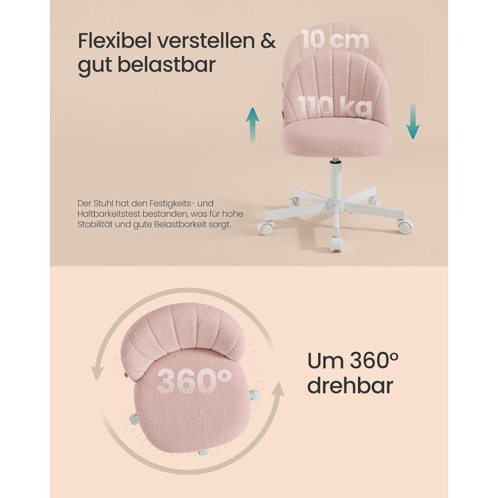 Офісний стілець SONGMICS для дому, рожевий, з м'якою оббивкою з флісу, регульована висота, для спальні, робочого кабінету, гардеробної