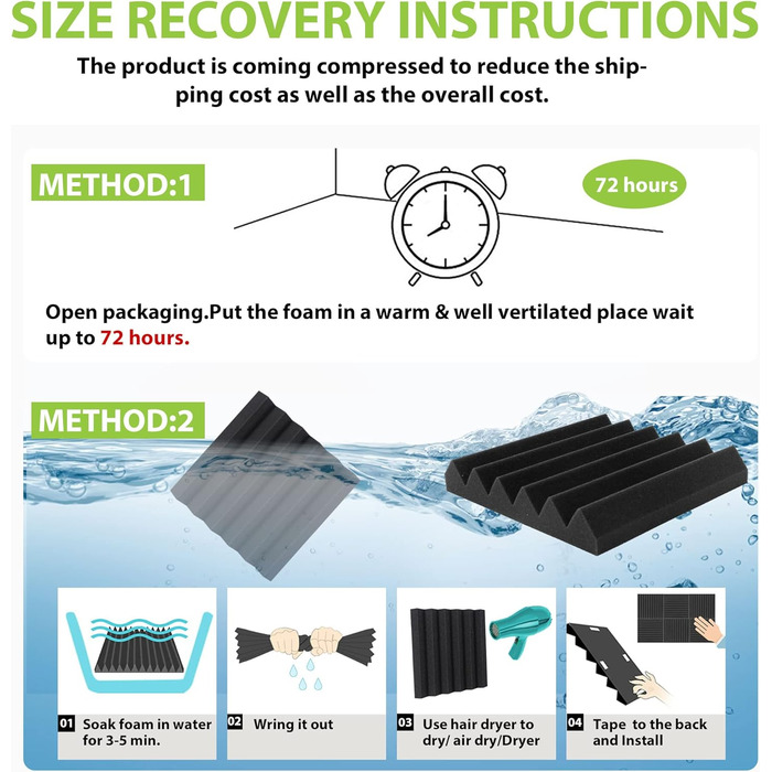 Акустичний поролон Foneso для звукоізоляції, 30x30x5 см, висока щільність 25кг/м³, шумопоглинаючі 3D панелі для студії, офісу та кімнати запису, чорний (48 шт)