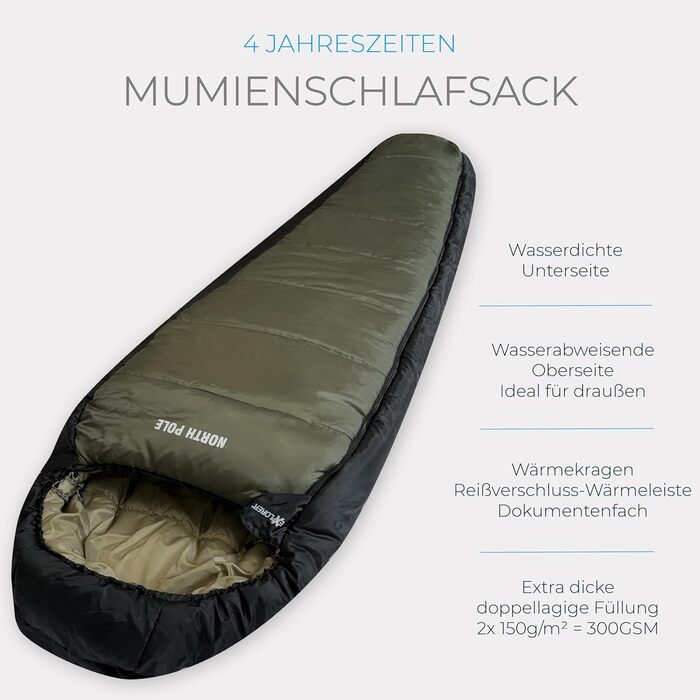 Сплячий мішок Explorer® Northpole для кемпінгу та подорожей -21°C/-4°C (300GSM) - 3-4 сезони, зимовий, для дорослих, з водонепроникною основою та YKK Zip