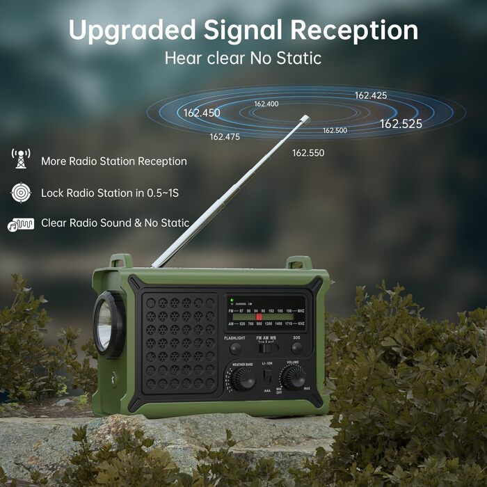 Радіо NOAA для надзвичайних ситуацій, 12000 мАг/44400 мВт·год, портативне AM/FM з сонячною/ручною/USB-підзарядкою, SOS-сигналом для використання в приміщенні та на вулиці (Army Green)