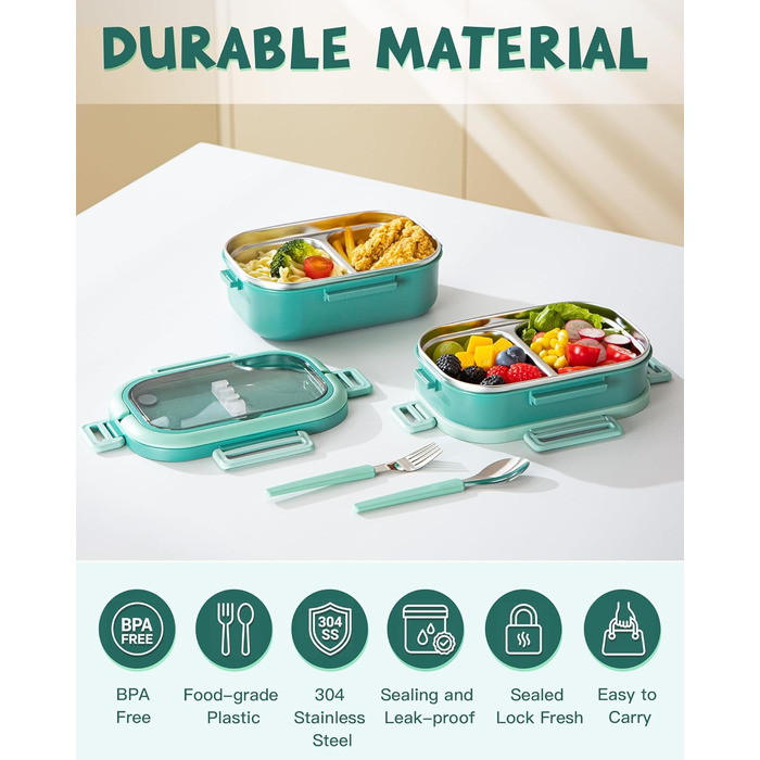Ланчбокс Lille Home з 2 ярусами, 4 відділення, 1650 мл, з посудом, BPA-free, не протікає (Зелений)