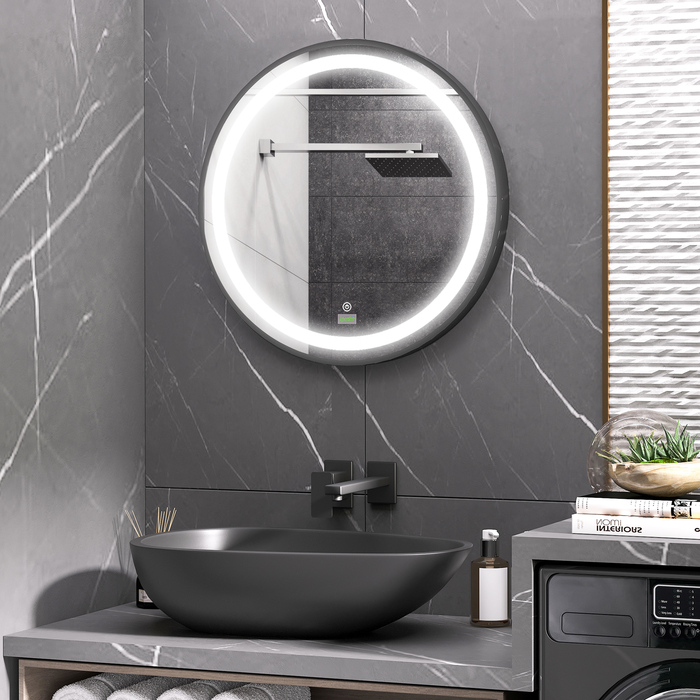 Kleankin LED Bathroom Mirror Ø60cm, Bathroom Mirror with 3 Light Colors, Touch Function, Memory Function, IP44, Black for Modern Bathroom
