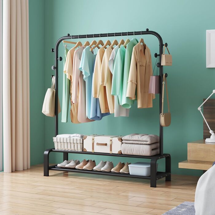 Clothes Rack, Coat Rack Stable Clothes Rail with 6 Hooks and 2 Shoe Shelf Storage Shelf, Bedroom Clothes Rack Freestanding Clothes Rail, Black