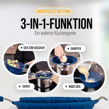 Силіконове складне сито 3-в-1 HOME SUPPLY з нержавіючої сталі, кухонне сито для макаронів, пароварка, друшляк, компактне, багатофункціональне, придатне для миття в посудомийній машині, 21 см, темно-синє