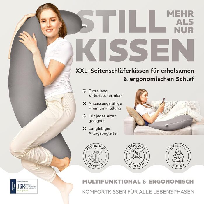 Подушка для вагітних та годування Sei Design XXL з муслінової обтяжки, ергономічна, для сну на боці, комфортна, 190x30 см, 100% органічна бавовна (джерсі сіро-сріблястий)