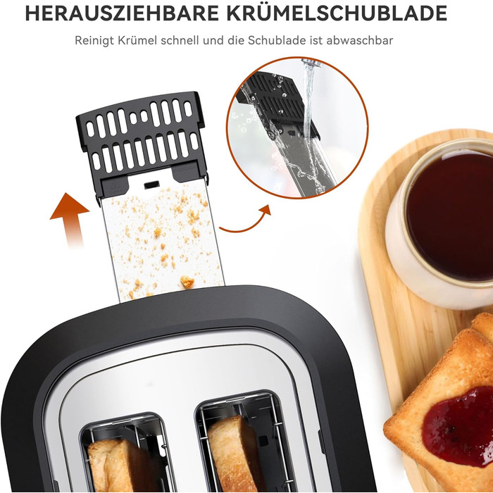 KitchenBoss 2-Slice Toaster: Toaster with bun rack and crumb tray, 6 browning levels, stainless steel toaster with automatic shut-off, defrost function, and reheat function, 870W
