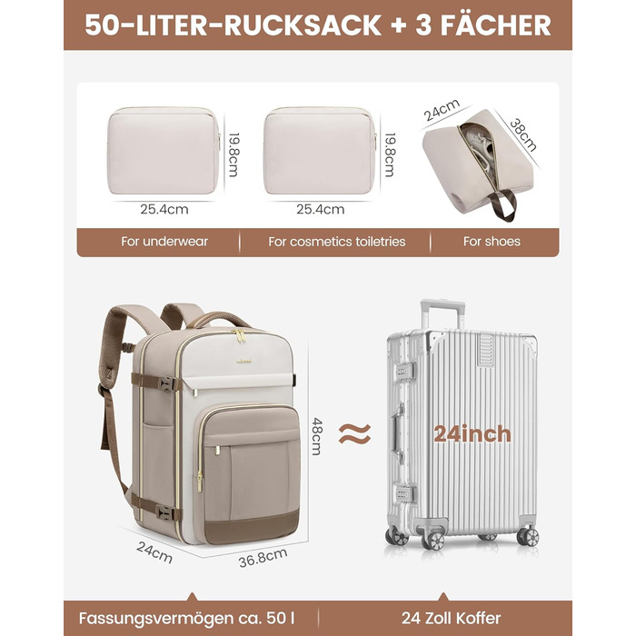 Рюкзак LOVEVOOK для ручної поклажі в літак, 40L, великий рюкзак для жінок з відділенням для 17-дюймового ноутбука, водонепроникний, рюкзак-валіза для подорожей, роботи, бізнес-поїздок, Weekender, Хакі