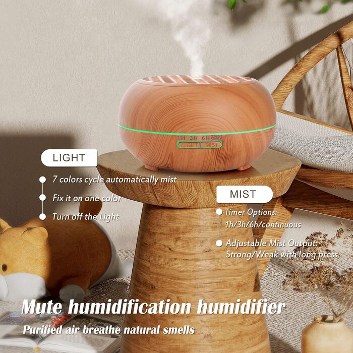 Дифузор Aroma Simpeak 550мл, ультразвуковий аромадифузор з дерева для ефірних олій, зволожувач повітря з пультом дистанційного керування, світло-коричневий