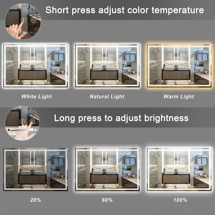 Дзеркало для ванної кімнати з LED підсвічуванням Dripex, 50x70 см, з сенсорним вимикачем, протитуманне, 6400K, енергозберігаюче