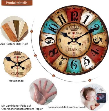 VIKMARI Quartz Wall Clock Wood Silent Hanging Clock, Battery-Powered Round Rustic Clock, Easy to Read Vintage Interior Wall Clock |Colorful Arabic Numerals|14