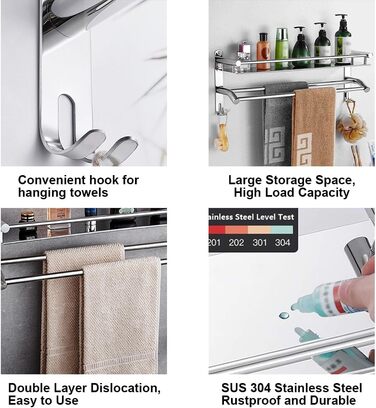 Тримач для рушників з полицею та гачками, хром, нержавіюча сталь, 59 см, для ванної кімнати, кухні, туалету