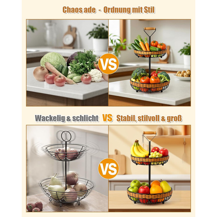 Двоярусний кошик для фруктів LEEJARD з синтетичного ротангу, знімний піддон, чорний (H:45 Dm:29 см)