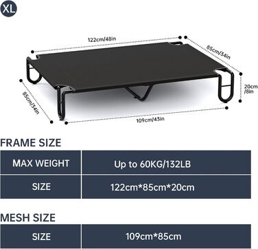 Підвищене собаче ліжко KORIMEFA до 55 кг, Outdoor, миється, для собак середніх розмірів, 122 x 85 x 20 см, з антиковзними ніжками, для дому та саду (XL)