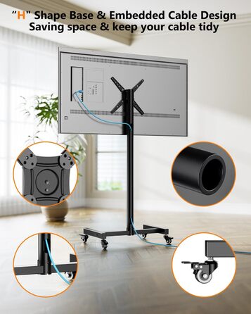 Підставка для телевізора WHYFONE на коліщатках, поворотна 180°, для телевізорів та моніторів 17-50 дюймів, мобільна, регульована висота, VESA до 300x300 мм, до 30 кг