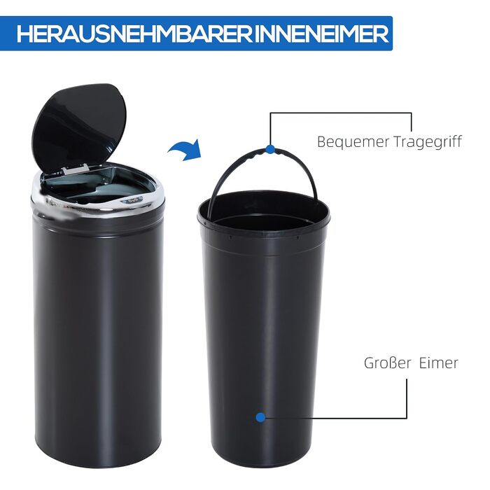 Сенсорний сміттєвий кошик HOMCOM на 42л з внутрішнім відром для кухні та офісу, чорний | Автоматичний смітник з датчиком руху