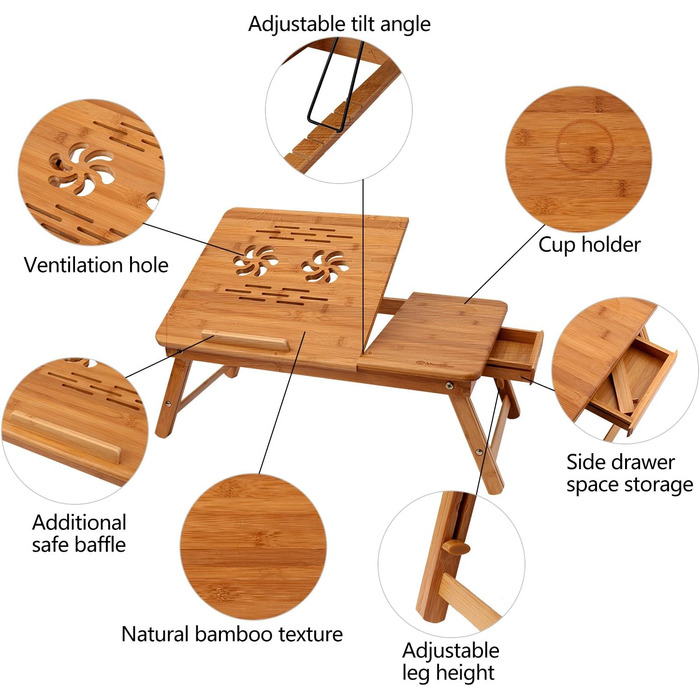 Столик для ноутбука Bathwa з бамбука, регульований, складаний, з ящиком (55 x 35 x 29 см)
