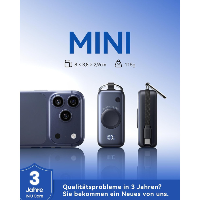 Power Bank INIU для Apple Watch, 5000mAh, вбудований кабель, LCD-дисплей, сумісний з iWatch 10/9/8/Ultra2/Ultra/SE, iPhone 16/15 (Чорний)