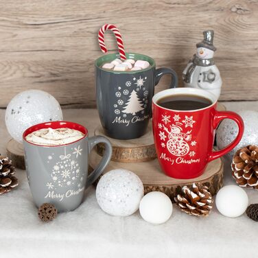 4 чашки для кави Com-Four® з кераміки, 250 мл, святковий дизайн (червоний/сірий/зелений/синій)