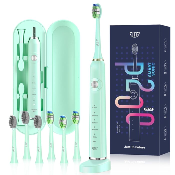 Електрична звукова зубна щітка JTF з 6 насадками 40000 VPM, 5 режимів, IPX7, таймер 2 хв, зелена