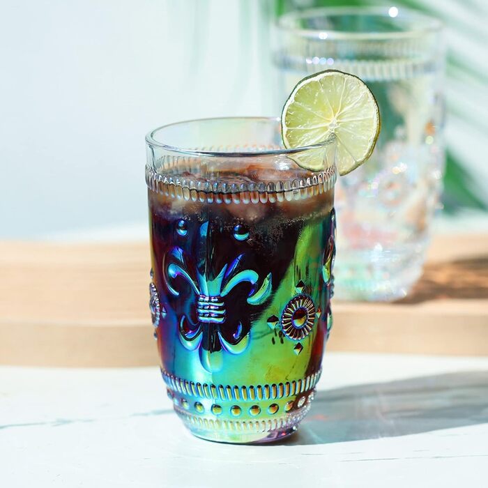 Joeyan 370ml Rainbow Water Glasses, Set of 4 Gradient Tumbler Glasses, Colorful Embossed Flower Pattern, Shimmering Iridescent Drinking Glasses, Romantic for Everyday Family Meals, Party, Office, Drinks, Cocktails, Juice