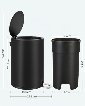 Сміттєвий кошик для ванної кімнати SONGMICS PARRI LTB11WT, сталевий, з м'яким закриттям Softclose та виймаюмим пластиковим відром, 3 л, білий
