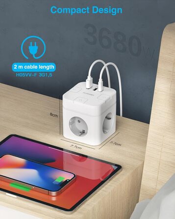 Багатофункціональний розподільник розеток 6 в 1 з USB-C, 3 розетки, плоский штекер, індивідуальне вмикання, кабель 2м, 1 USB-C, для офісу, дому, подорожей (білий)