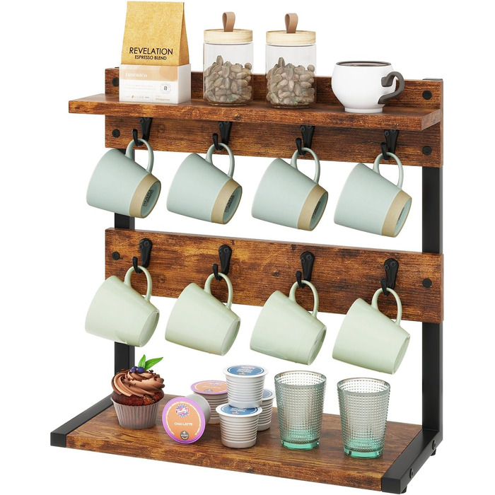 Vintage Mug Holder with 8 Hooks, Coffee Cup Holder for Kitchen Countertop, Cup Stand with Storage Bottom, for Kitchen Dining Room Cafe 40 x 15 x 40 cm, Vintage Brown TBJ002H