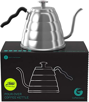 Чайник-гусячий носик Coffee Gator з термометром, 1 л, нержавіюча сталь, для плити, преміум-кавовий та чайний заливник з точним носиком, 4 чашки