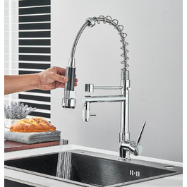 Кухонний змішувач з гнучким виливом, 360° поворот, 2 виходи, високий вилив, душова лійка, для мийки, брашований нікель