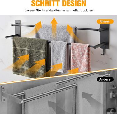 Тримач для рушників без свердління, 60 см, самоклеючий, з гачками, нержавіюча сталь, вологостійкий, для ванної кімнати та кухні (Чорний, 40 см)