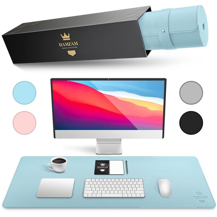 Підкладка на стіл HAMZAM PU Leder 90x40 см, преміум, блакитна - з функцією килимка для миші, для офісу та дому