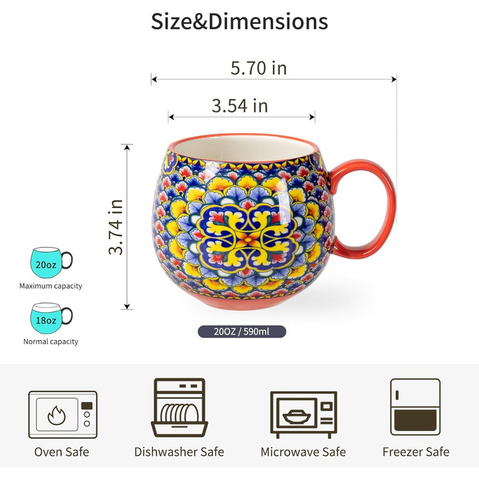 HENXFEN Cappuccino Cup Set, 600ml Porcelain Coffee Cups with Handle, Set of 6 Porcelain Cups for Tea, Coffee, Milk, Cappuccino with Pattern and Colorful - Bohemian Style