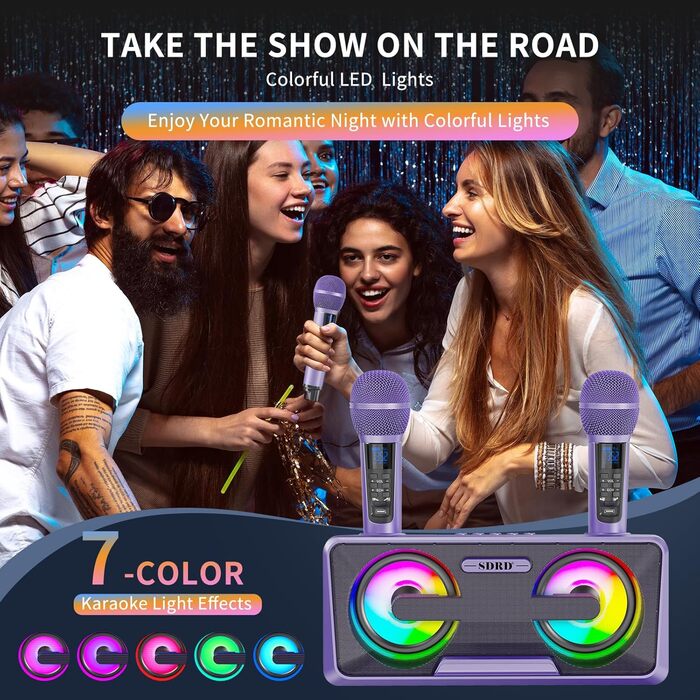 Караоке-машина з 2 бездротовими мікрофонами, Bluetooth, світлові ефекти, підставка для телефону (Lila)