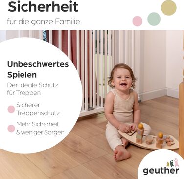 Захист для сходів Geuther Oris | Дверний захист для сходів з кріпленням, 2 клямки для поручнів, ширина | Стабільний захист з розпадною дверцятами | Дерев'яне дитяче гiтер, натуральний лак (білий, 95-135 см)