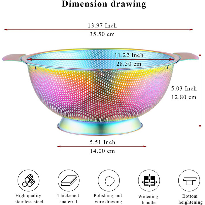 Ситечко Kyraton Gold Colander 5 Quart з нержавіючої сталі з покриттям з титану та золота, професійне, з міцними ручками та кільцем для самостійного зливу, легко миється, придатне для миття в посудомийній машині