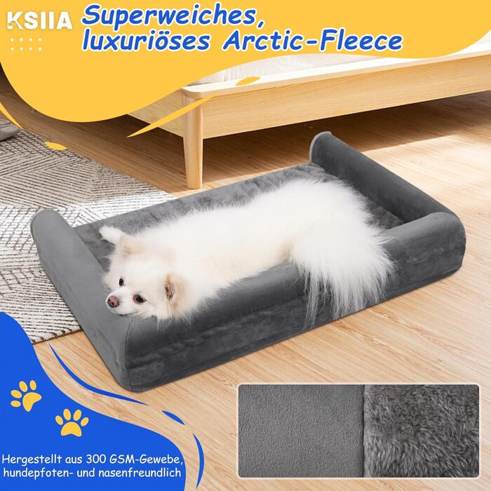 KSIIA Orthopedic Dog Bed for Large Dogs, 105x70x18cm, Removable and Washable Cover, XL Dog Couch with THREE Raised Edges, Non-Slip Bottom, Egg Crate Foam Dog Basket, (L 90 x W 57 x H 16 cm, Light Grey)