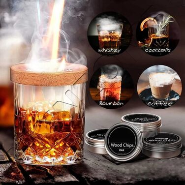 Набір для копчення коктейлів та віскі MKNZOME: 4 коптящі насадки, тирса, аксесуар для віскі та коктейлів, подарунок для чоловіків