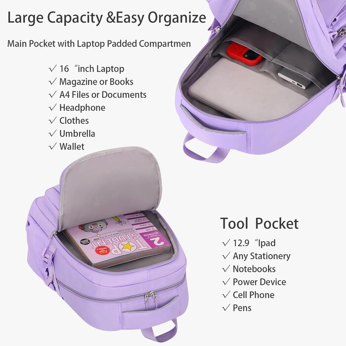 Рюкзак для дівчаток та жінок: стильний, ніжний, для навчання та повсякденного використання (фіолетовий)