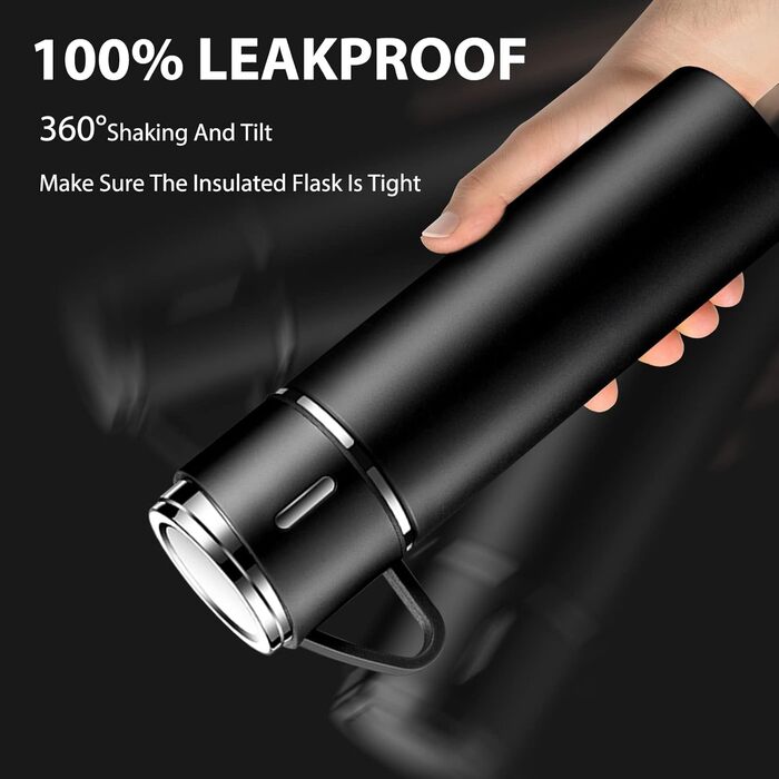 Stainless Steel Thermos Flask with Cup and Handle - 500ml Insulated Travel Mug, Leak-Proof, Double-Walled, Vacuum Insulated, Hot/Cold for Kids, Sports (Black)