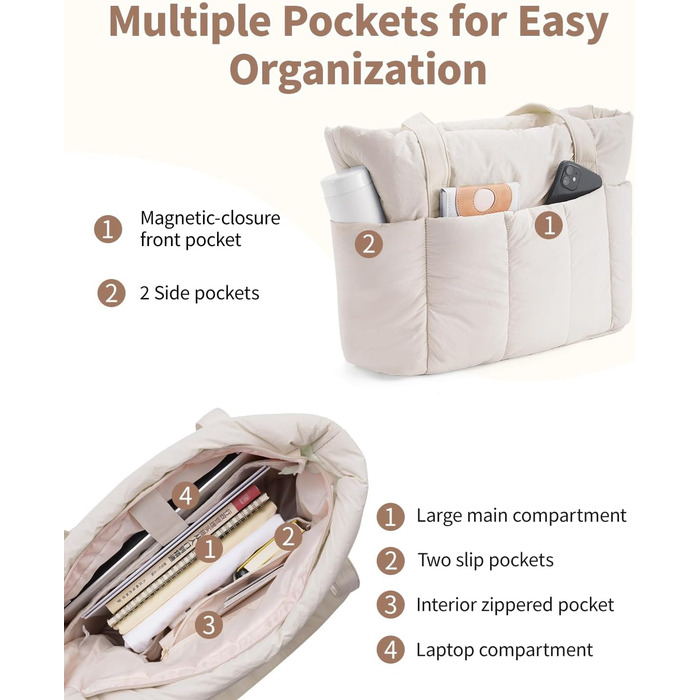 Сумка жіноча Narwey Shopper бежева, велика, легка - для роботи, навчання, як сумка для вчителя з багатьма кишенями