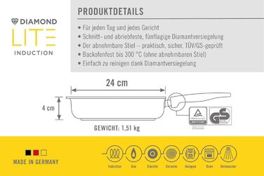 Гриль-сковорода Woll Diamond Lite 24x24 см з рифленням, знімна ручка, алюмінієвий литий корпус, антипригарне покриття, для індукції та всіх плит, підходить для духовки