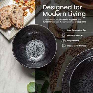 Набір тарілок та мисок Bzyoo з меламіну, 4 шт., чорний, La la Mandala. Без BPA, придатний для миття в посудомийній машині.