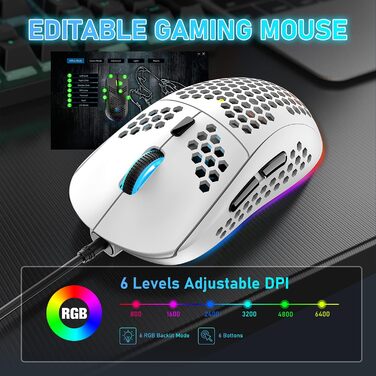 Ігрова клавіатура та миша UK-Layout з підсвічуванням RGB, 62 клавіші, механічна, 6400 DPI (чорний/червоний або білий/синій перемикач)