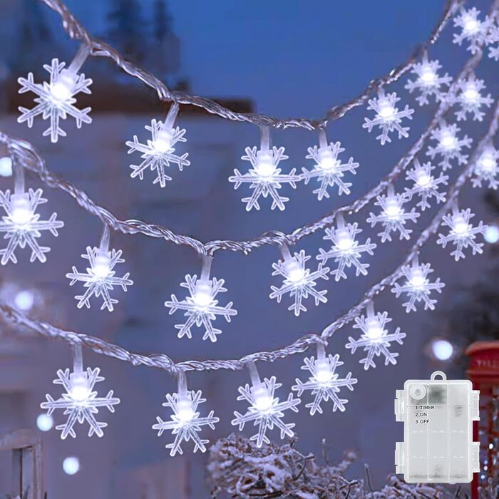 LED гірлянда Шнефлоке Cshare, 6м, 40 LED, на батарейках, з таймером, IP65, вологостійка, для декорування саду, дому, кемпінгу, Різдва, тепле біле світло